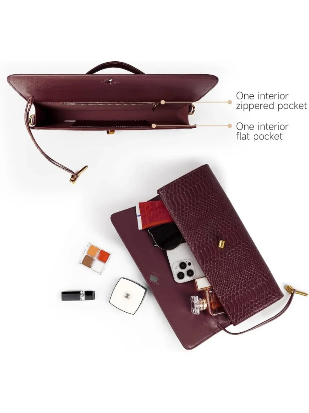 Womens Wine Croco Leather Suede Clutch Purse Evening Crossbody Handbag